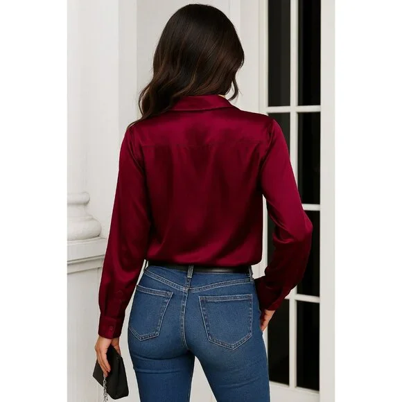 Vintage All Silk Blouse by Jonathan Logan 14 Magenta Long Sleeve 80s Retro Chic - Picture 5 of 9